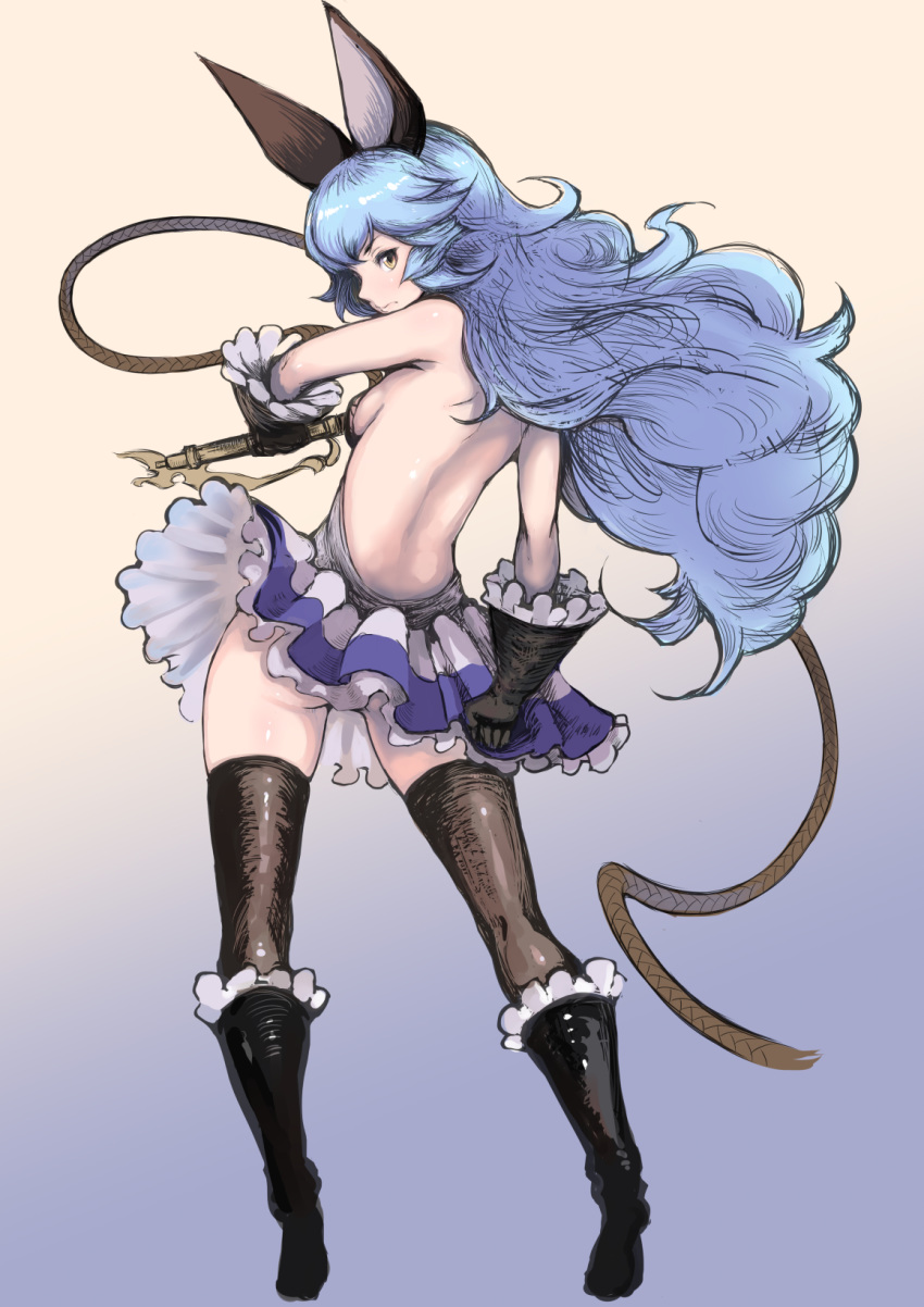 1girl animal_ears ass backless_dress backless_outfit bare_back black_footwear black_gloves black_legwear blue_hair boots breasts bunny_ears commentary_request dress dress_tug erune ferry_(granblue_fantasy) flat_ass frown full_body gloves granblue_fantasy highres holding holding_weapon johan_(johan13) knee_boots long_hair looking_back nose shiny shiny_skin sideboob small_breasts solo thighhighs wavy_hair weapon whip yellow_eyes