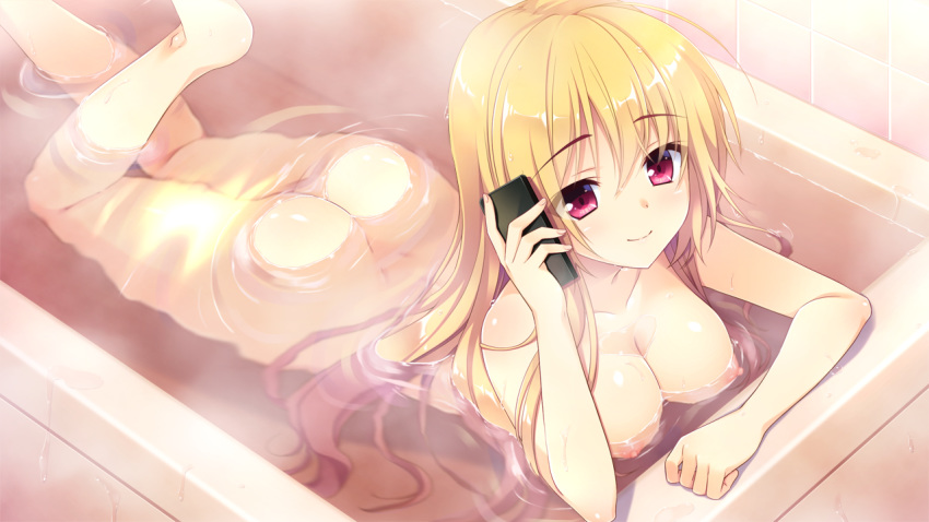 asa_project ass bath bathtub blonde_hair blush breasts game_cg long_hair nipples nude phone red_eyes ren'ai_karichaimashita tagme_(artist) tagme_(character)