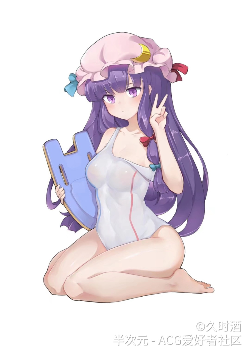 1girl bangs bare_arms bare_legs bare_shoulders barefoot blush breasts chinese_commentary collarbone commentary_request crescent crescent_hair_ornament eyebrows_visible_through_hair grey_swimsuit hair_ornament hand_up hat hat_ribbon highres holding jiushijiu long_hair looking_at_viewer medium_breasts mob_cap off_shoulder one-piece_swimsuit patchouli_knowledge pink_headwear purple_eyes purple_hair red_ribbon ribbon simple_background sitting solo swimsuit thighs touhou v very_long_hair wariza white_background