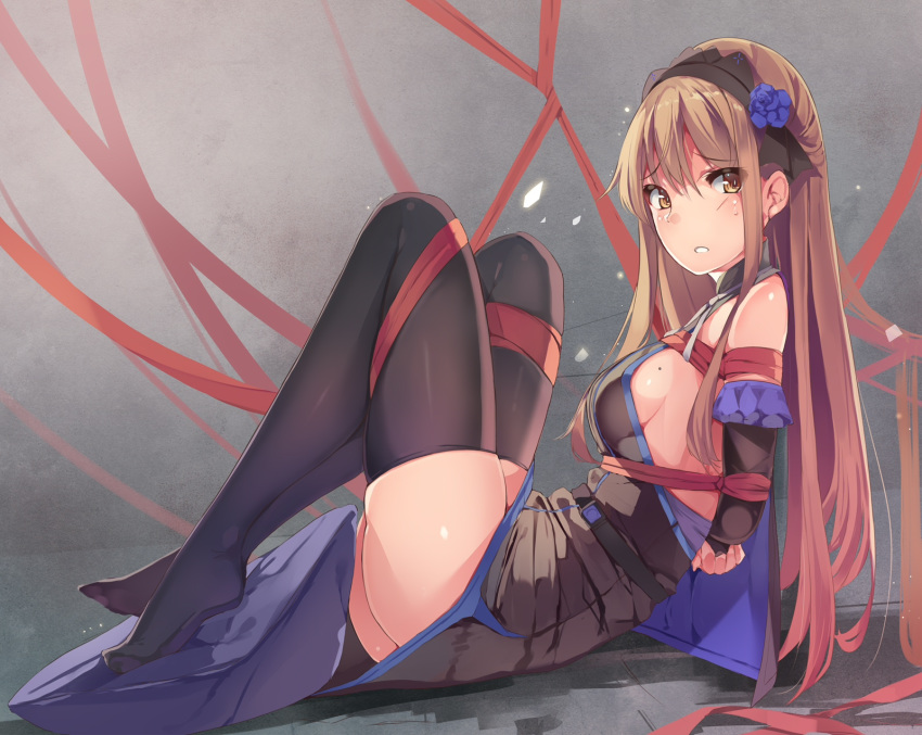 arms_behind_back bdsm black_legwear bondage bound bound_arms breasts brown_hair detached_sleeves dress feet flower headband highres legs long_hair original ribbon ribbon_bondage rose shoulder_blades sideboob thighhighs thighs yellow_eyes yumemi_(kiowa)