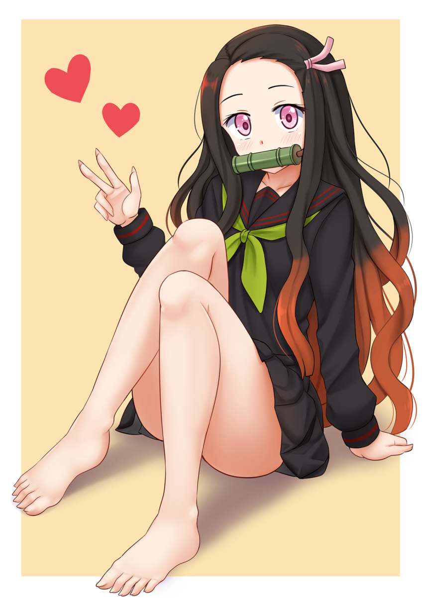 1girl alternate_costume bamboo bare_legs barefoot bit_gag black_hair black_sailor_collar black_serafuku black_shirt black_skirt blush brown_background brown_hair collarbone commentary feet fingernails full_body gag gradient_hair green_neckwear hair_ribbon hand_up heart highres kamado_nezuko kazenokaze kimetsu_no_yaiba knees_up long_hair looking_at_viewer multicolored_hair neckerchief pink_eyes pink_ribbon pleated_skirt ribbon sailor_collar school_uniform serafuku sharp_fingernails shirt sitting skirt solo toenails two-tone_background very_long_hair w white_background