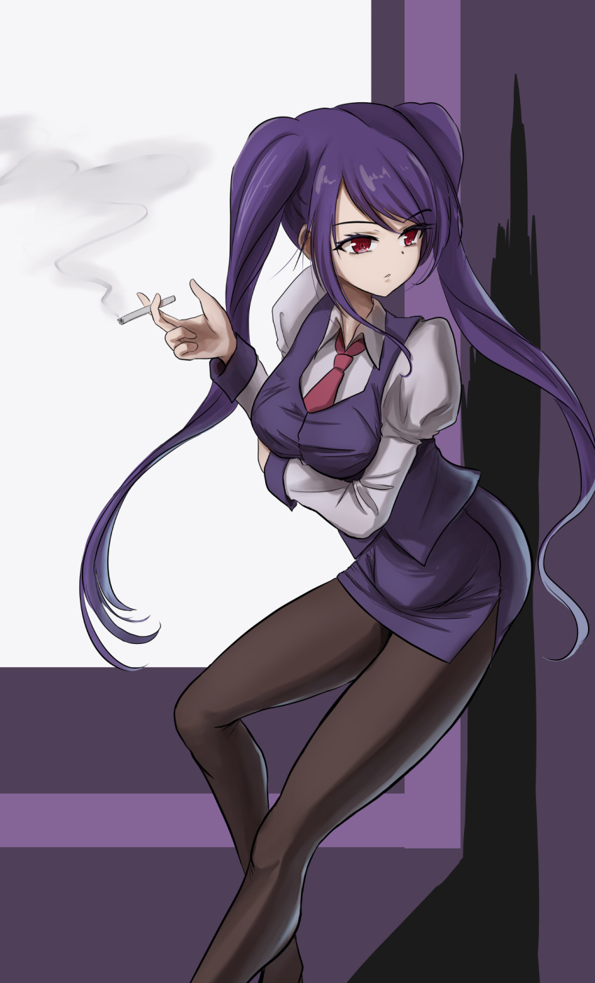 1girl alternate_breast_size bartender breasts cigarette eyebrows_visible_through_hair girls_frontline highres jill_stingray medium_breasts namiki_(remiter00) necktie pantyhose purple_hair red_eyes smoking solo twintails va-11_hall-a