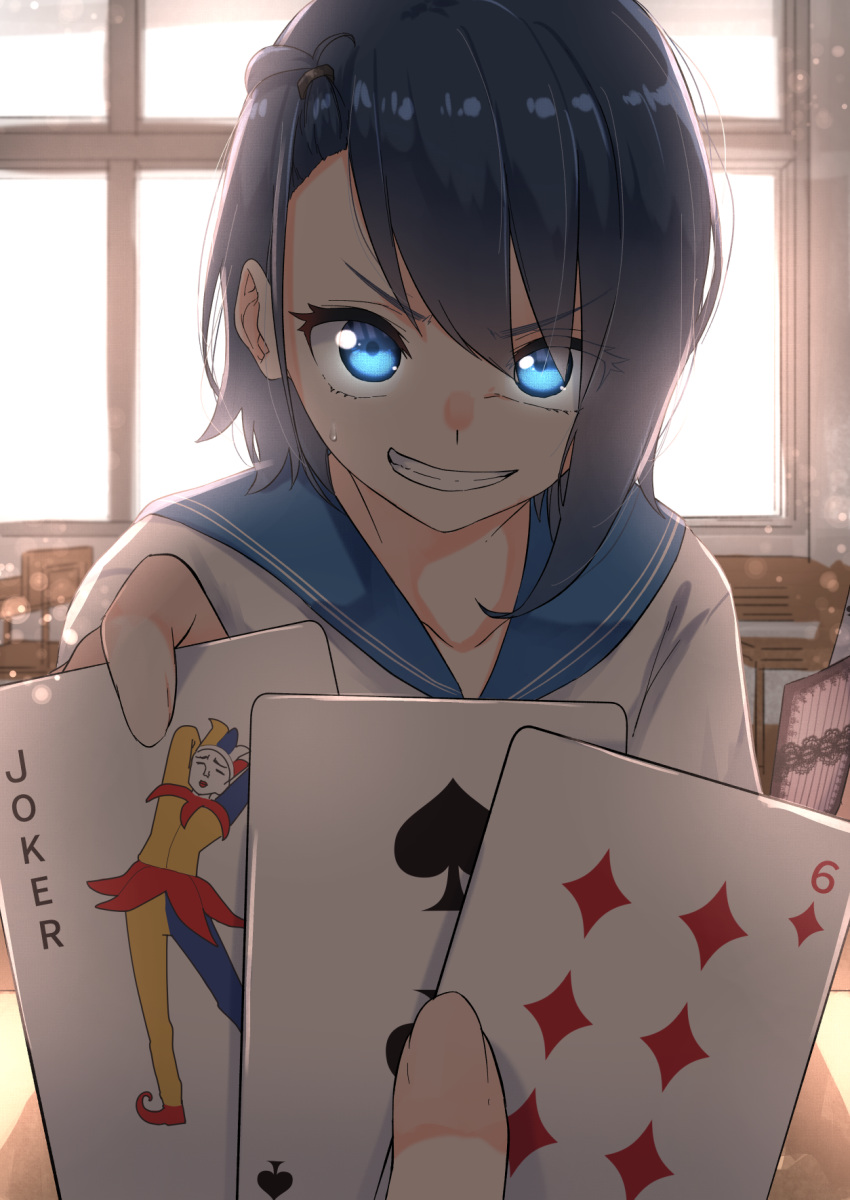 1girl backlighting black_hair blue_eyes blue_sailor_collar card chair collarbone commentary_request day desk diamond_(shape) evil_grin evil_smile fingernails glowing glowing_eyes grin highres holding holding_card indoors joker long_hair looking_at_viewer old_maid original playing_card pov sailor_collar school_chair school_desk school_uniform serafuku shirt sidelocks smile solo_focus spade_(shape) sweat upper_body white_shirt window yuki_arare