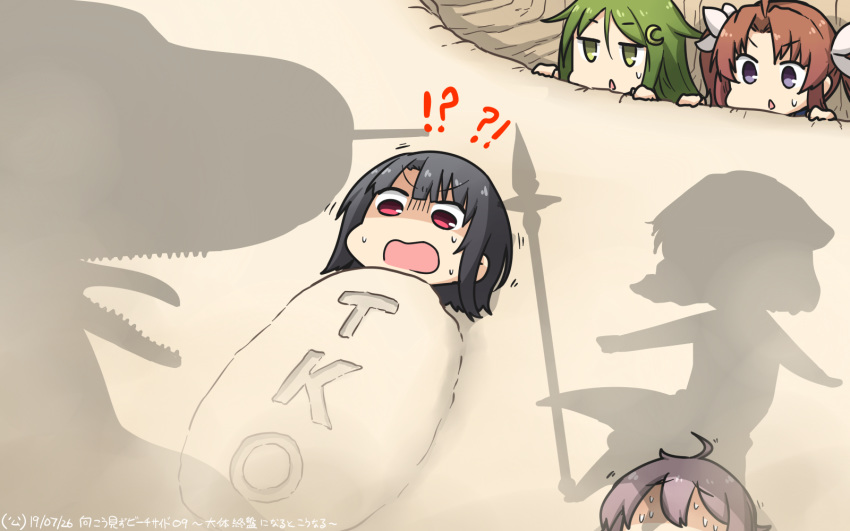 !? 4girls ahoge aoba_(kantai_collection) black_hair brown_hair character_request commentary crescent crescent_hair_ornament dated dinosaur gae_bolg green_eyes green_hair hair_flaps hair_ornament hair_ribbon hamu_koutarou harukaze_(kantai_collection) hiding highres kagerou_(kantai_collection) kantai_collection long_hair multiple_girls nagatsuki_(kantai_collection) nishikitaitei-chan polearm purple_eyes red_eyes remodel_(kantai_collection) ribbon sand shadow short_hair spear sweat sweating_profusely takao_(kantai_collection) twintails weapon white_ribbon