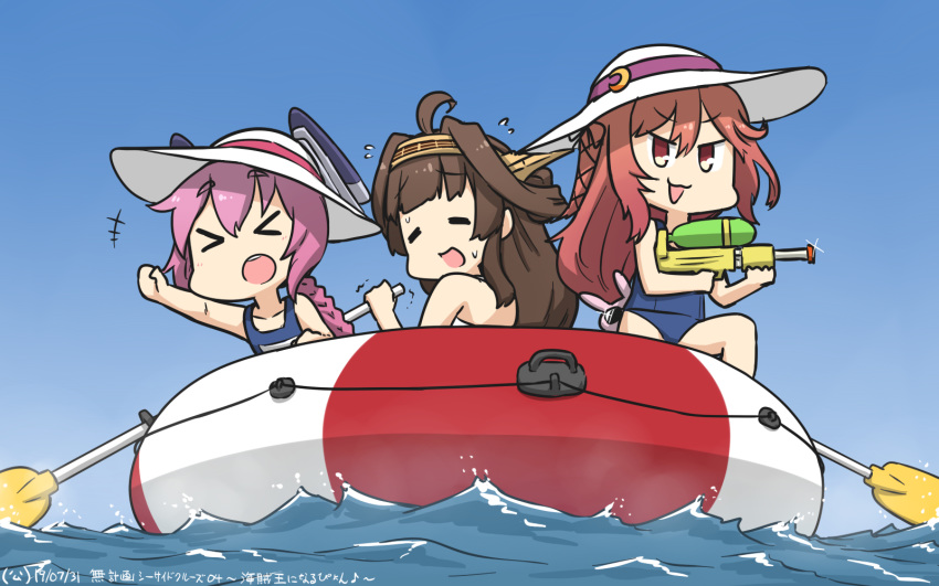 3girls ahoge blue_swimsuit braid brown_hair bunny_hair_ornament closed_eyes commentary_request crescent crescent_hair_ornament dated double_bun eyebrows_visible_through_hair hair_ornament hairband hamu_koutarou hat headgear highres inflatable_raft kantai_collection kongou_(kantai_collection) lifebuoy long_hair low-tied_long_hair multiple_girls name_tag nenohi_(kantai_collection) oar open_mouth pink_hair red_eyes round_teeth school_swimsuit single_braid smile sun_hat swimsuit teeth upper_teeth uzuki_(kantai_collection) water_gun white_headwear