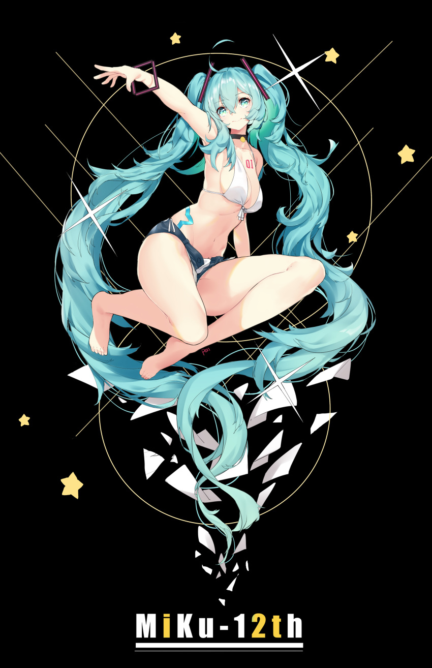 1girl absurdres anniversary aqua_eyes aqua_hair barefoot black_background breasts character_name chest_tattoo collar commentary english_commentary full_body hair_ornament hatsune_miku highres long_hair medium_breasts midriff navel outstretched_arm peng_yong solo star swimsuit tattoo thighs twintails very_long_hair vocaloid white_bikini_top