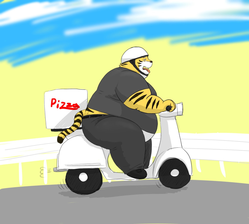 anthro armor belly big_belly breath clothed clothing felid fur headgear helmet hi_res male mammal moobs moped obese obese_male open_mouth overweight overweight_male pantherine panting pizza_delivery sitting solo striped_fur stripes thick_thighs tiger tongue tongue_out vehicle white_fur yo_bigbear