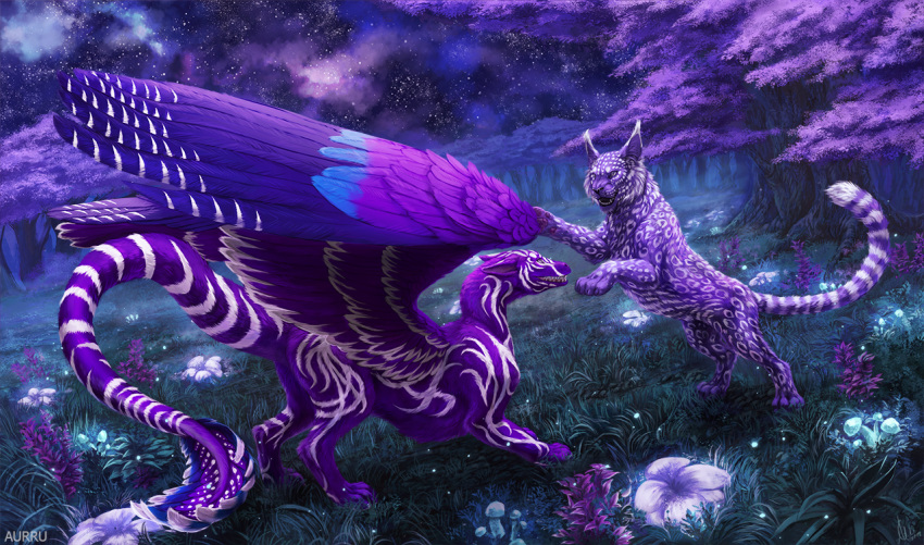 2019 4_toes ambiguous_gender aurru detailed_background dragon duo feathered_dragon feathered_wings feathers felid feral forest fur furred_dragon grass invalid_tag landscape mammal night nightsky open_mouth outside pantherine purple_feathers purple_fur sky standing star starry_sky teeth tiger toes tongue tree wings