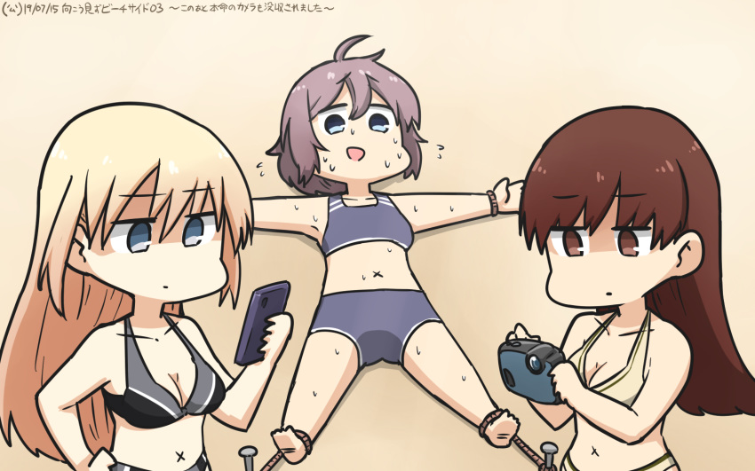 3girls alternate_costume aoba_(kantai_collection) bare_arms bare_legs bare_shoulders bikini bismarck_(kantai_collection) blonde_hair blue_eyes bound breasts brown_eyes brown_hair camera cellphone cleavage commentary dated from_above from_side hamu_koutarou highres kantai_collection large_breasts long_hair looking_down lying medium_breasts messy_hair midriff multiple_girls navel on_back ooi_(kantai_collection) open_mouth outdoors phone ponytail purple_hair sand scrunchie shaded_face signature smartphone sweat sweating_profusely swimsuit tied_up x_navel