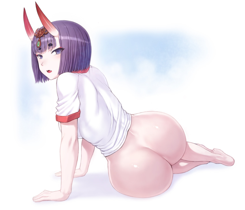 1girl alternate_breast_size ass bangs blush bob_cut bottomless breasts fangs fantia_reward fate/grand_order fate_(series) from_behind gym_shirt gym_uniform highres horns huge_ass large_breasts looking_at_viewer looking_back mogudan oni oni_horns open_mouth paid_reward purple_eyes purple_hair shiny shiny_hair shiny_skin shirt shoes short_hair shuten_douji_(fate/grand_order) simple_background sitting solo thick_eyebrows uwabaki white_background wide_hips