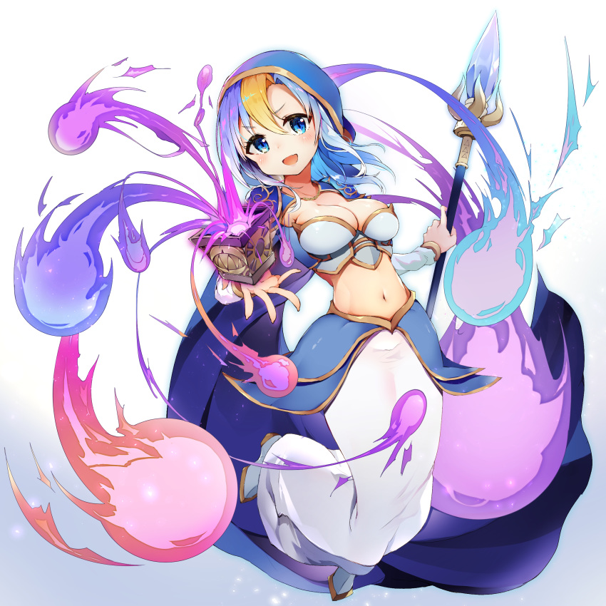 1girl :d absurdres airmisuzu armor blonde_hair blue_eyes blue_hair boots box breastplate breasts cleavage cloak commentary_request crop_top faulds hearthstone highres holding holding_staff hood jaina_proudmoore long_hair long_skirt looking_at_viewer magic medium_breasts midriff multicolored_hair navel open_mouth skirt smile solo staff two-tone_hair v-shaped_eyebrows white_skirt