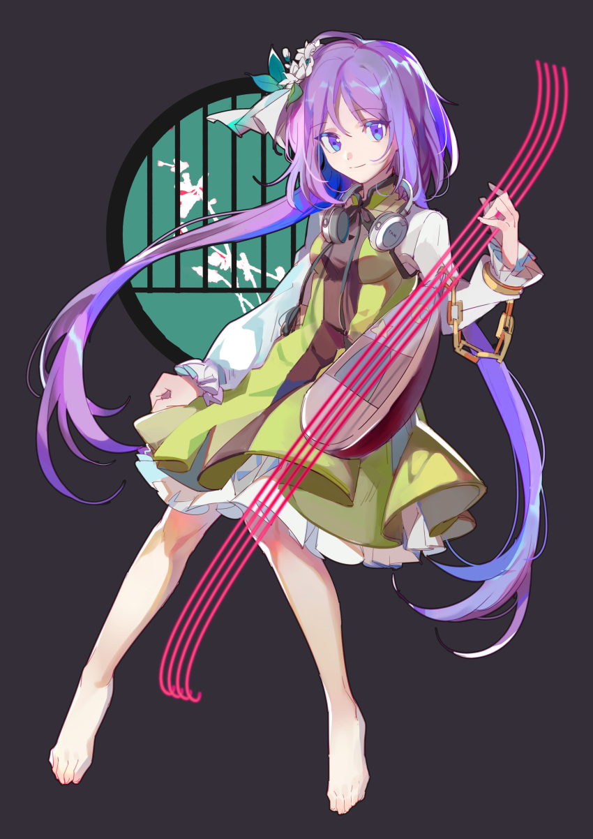 1girl absurdres aibivy bangs barefoot biwa_lute black_background blue_eyes breasts chain clenched_hand closed_mouth cuffs dress eyebrows_visible_through_hair flower full_body hair_flower hair_ornament hair_ribbon hand_up headphones headphones_around_neck highres holding holding_instrument instrument knees_together_feet_apart leaf_hair_ornament long_hair long_sleeves looking_at_viewer low_twintails lute_(instrument) petticoat purple_hair ribbon round_window shackles shirt simple_background small_breasts solo staff_(music) touhou tsukumo_benben twintails very_long_hair white_ribbon white_shirt window yellow_dress