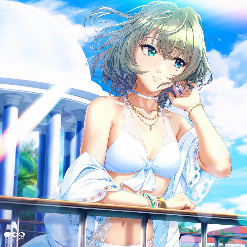 1girl arm_up artist_name bangle bangs bikini blonde_hair blue_eyes bracelet breasts choker cleavage cloud column commentary_request earrings eyebrows_visible_through_hair feet_out_of_frame front-tie_bikini front-tie_top green_eyes green_hair hair_between_eyes hand_in_hair heterochromia highres idolmaster idolmaster_cinderella_girls infinote jewelry leaning_on_rail lips looking_to_the_side medium_breasts mole mole_under_eye navel necklace nose outdoors palm_tree parted_lips pillar short_hair signature sky solo sunlight swimsuit takagaki_kaede tree white_bikini