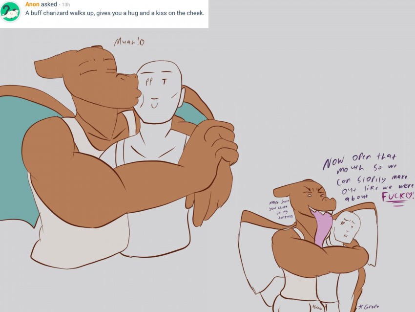 &lt;3 2019 4:3 anthro anthrofied charizard clothed clothing dialogue digital_media_(artwork) dragon english_text eyes_closed hug human kissing long_tongue male male/male mammal nintendo pleasantlyplumpthiccness pok&eacute;mon pok&eacute;mon_(species) ppt_(ppt) profanity simple_background smile text tongue tongue_out video_games