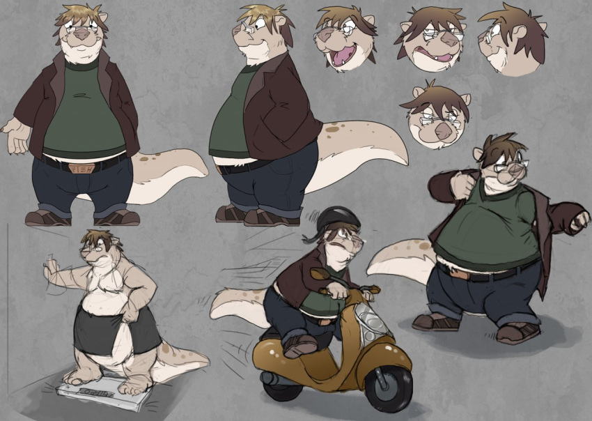 anthro armor belly belt belt_buckle big_belly brown_fur brown_hair claws clothed clothing eyewear fur glasses hair hand_in_pocket headgear helmet hyenahyena lutrine male mammal moped multiple_poses mustelid open_mouth open_smile overweight overweight_male pockets pose sitting smile solo standing thick_tail towel towel_only vehicle weighing_scale white_fur