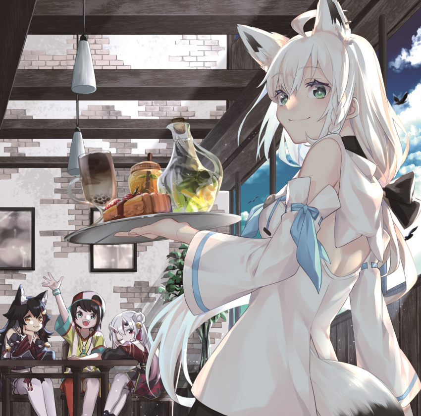4girls ahoge animal_ear_fluff animal_ears baggy_clothes bangs baseball_cap bell bird black_hair blue_eyes blue_sky blush braid breasts bubble_tea cafe cake closed_eyes day detached_sleeves eyebrows_visible_through_hair fams_(group) food fox_ears fox_girl fox_tail from_behind from_side gezerun green_eyes hair_between_eyes hair_bun hand_up hat head_on_hand highres holding holding_tray hololive indoors japanese_clothes jingle_bell kouhaku_nawa lights long_hair looking_at_viewer medium_breasts multicolored_hair multiple_girls nakiri_ayame official_art oni oni_horns ookami_mio oozora_subaru open_mouth picture_(object) red_hair shirakami_fubuki shirt shorts side_braid sitting sky smile streaked_hair striped striped_shirt table tail tied_hair tray very_long_hair virtual_youtuber white_hair wide_sleeves window wolf_ears wristband yellow_eyes