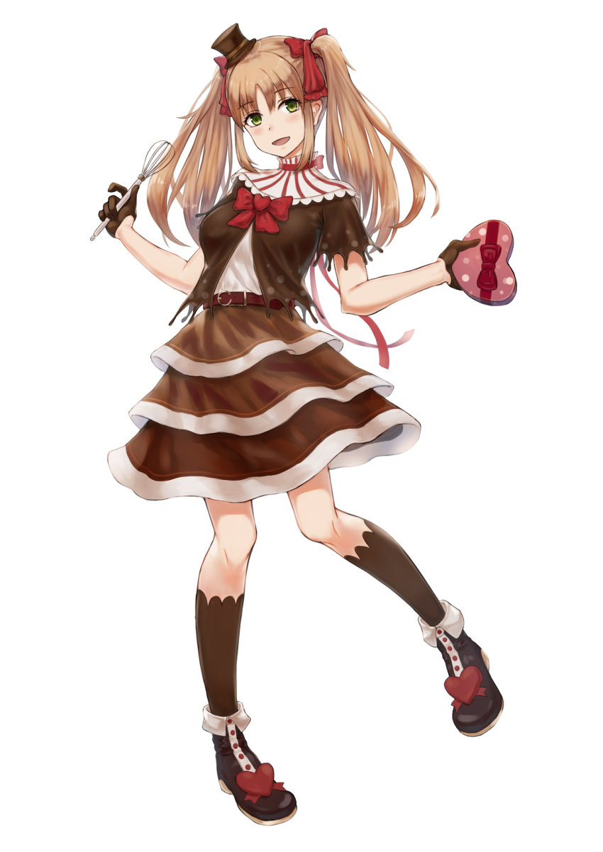 1girl belt box brown_dress brown_gloves brown_legwear commentary dress full_body gloves gohei_(aoi_yuugure) green_eyes half_gloves hat heart heart-shaped_box highres holding holding_box holding_whisk light_brown_hair long_hair looking_at_viewer mini_hat nijisanji open_mouth simple_background sister_cleaire smile solo standing standing_on_one_leg twintails valentine virtual_youtuber whisk