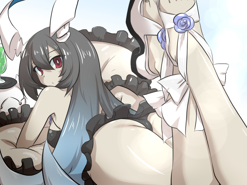 1girl anchorage_water_oni ass black_hair breasts cocktail_glass commentary_request cup drinking_glass feet flower goma_(gomasamune) hair_between_eyes highres horns kantai_collection long_hair looking_at_viewer looking_back lying medium_breasts on_stomach panties pantyshot pantyshot_(lying) pillow red_eyes sandals shinkaisei-kan solo swimsuit thighs underwear