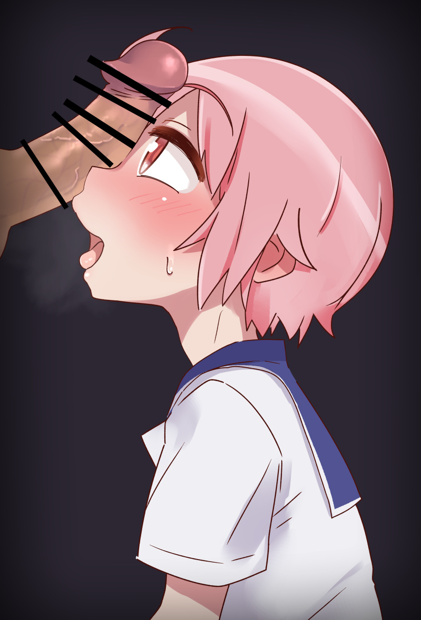 1boy 1girl absurdres ahoge black_background blush breath chiden eyebrows_visible_through_hair from_side gradient gradient_background highres looking_up nonohara_yuzuko open_mouth penis penis_on_face pink_eyes pink_hair school_uniform shiny shiny_hair shiny_skin shirt short_hair short_sleeves simple_background smile tongue tongue_out white_shirt yuyushiki