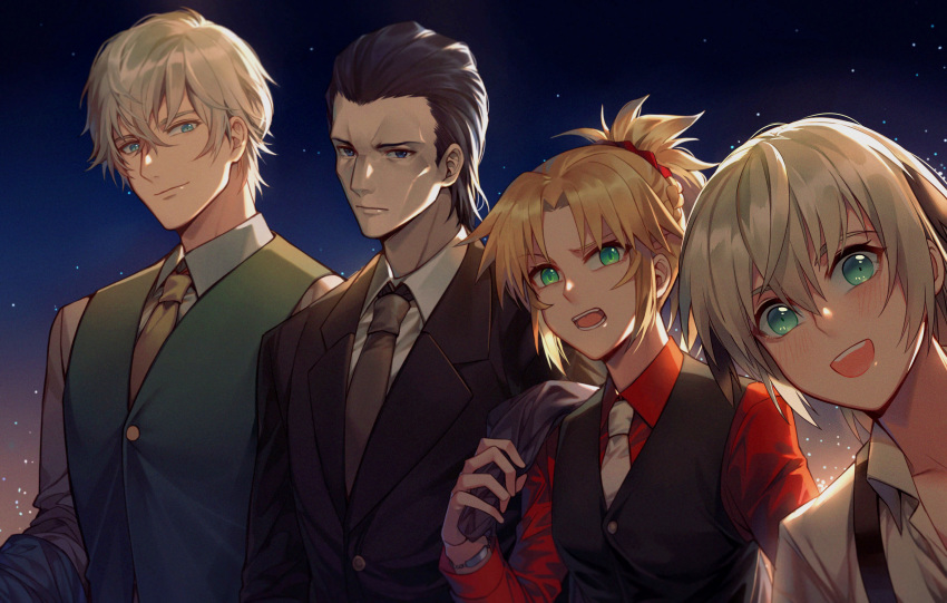 1girl 3boys absurdres agravain_(fate/grand_order) black_suit blonde_hair braid fate/apocrypha fate/extra fate/grand_order fate_(series) french_braid gawain_(fate/extra) green_eyes green_suit highres jacket_on_shoulders knights_of_the_round_table_(fate) long_hair mordred_(fate) mordred_(fate)_(all) multiple_boys multiple_girls necktie open_mouth red_shirt shirt smile vest yellow_neckwear yorukun