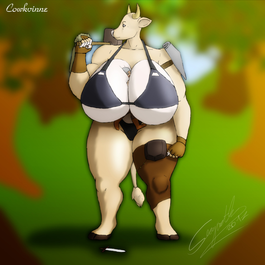 1:1 anthro between_breasts big_breasts bovid bovine breasts cleavage clothed clothing female hammer hi_res huge_breasts larger_female mammal sergiroth size_difference tools