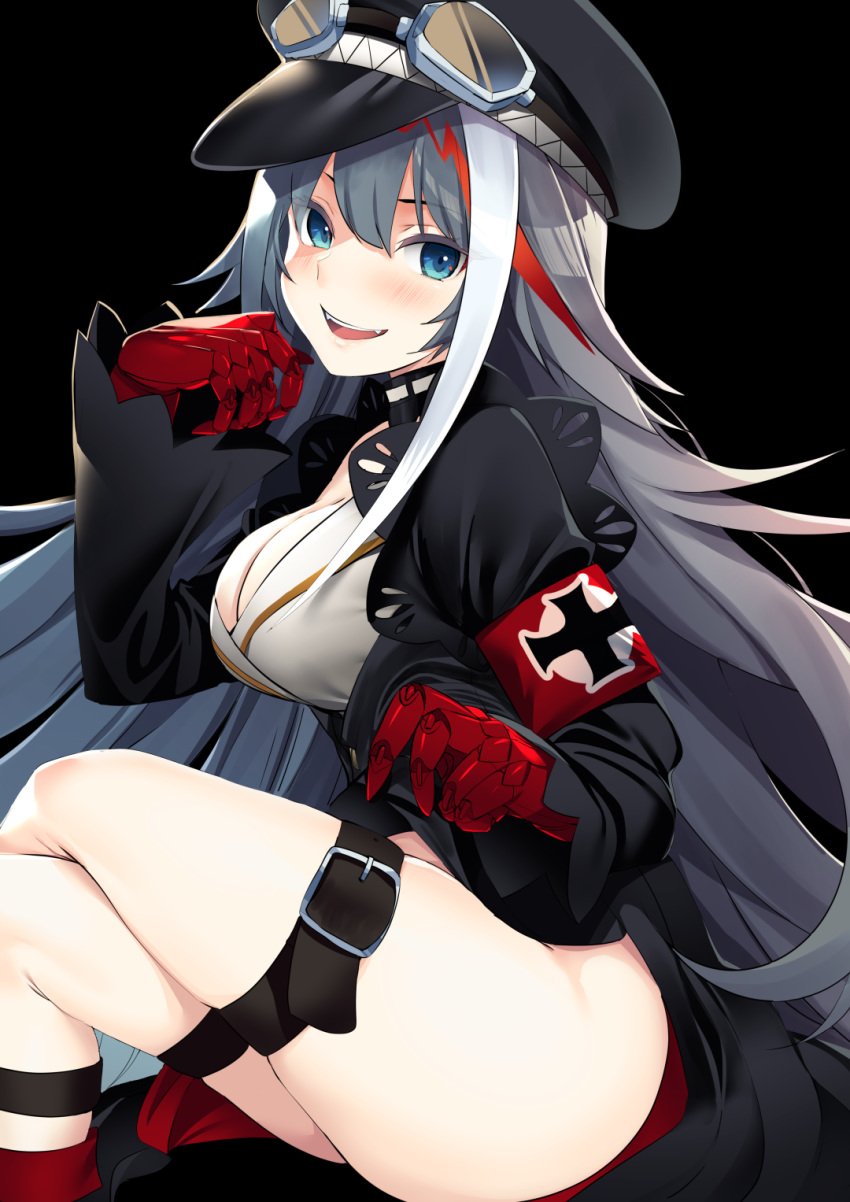 1girl :d armband ass azur_lane black_background black_headwear black_jacket blue_eyes breasts cleavage commentary crossed_legs deutschland_(azur_lane) fangs goggles grey_hair hand_up hat highres jacket jun_project large_breasts leg_belt long_hair long_sleeves looking_at_viewer mechanical_arms multicolored_hair open_mouth peaked_cap red_hair simple_background sitting smile solo streaked_hair thigh_strap thighs very_long_hair white_hair