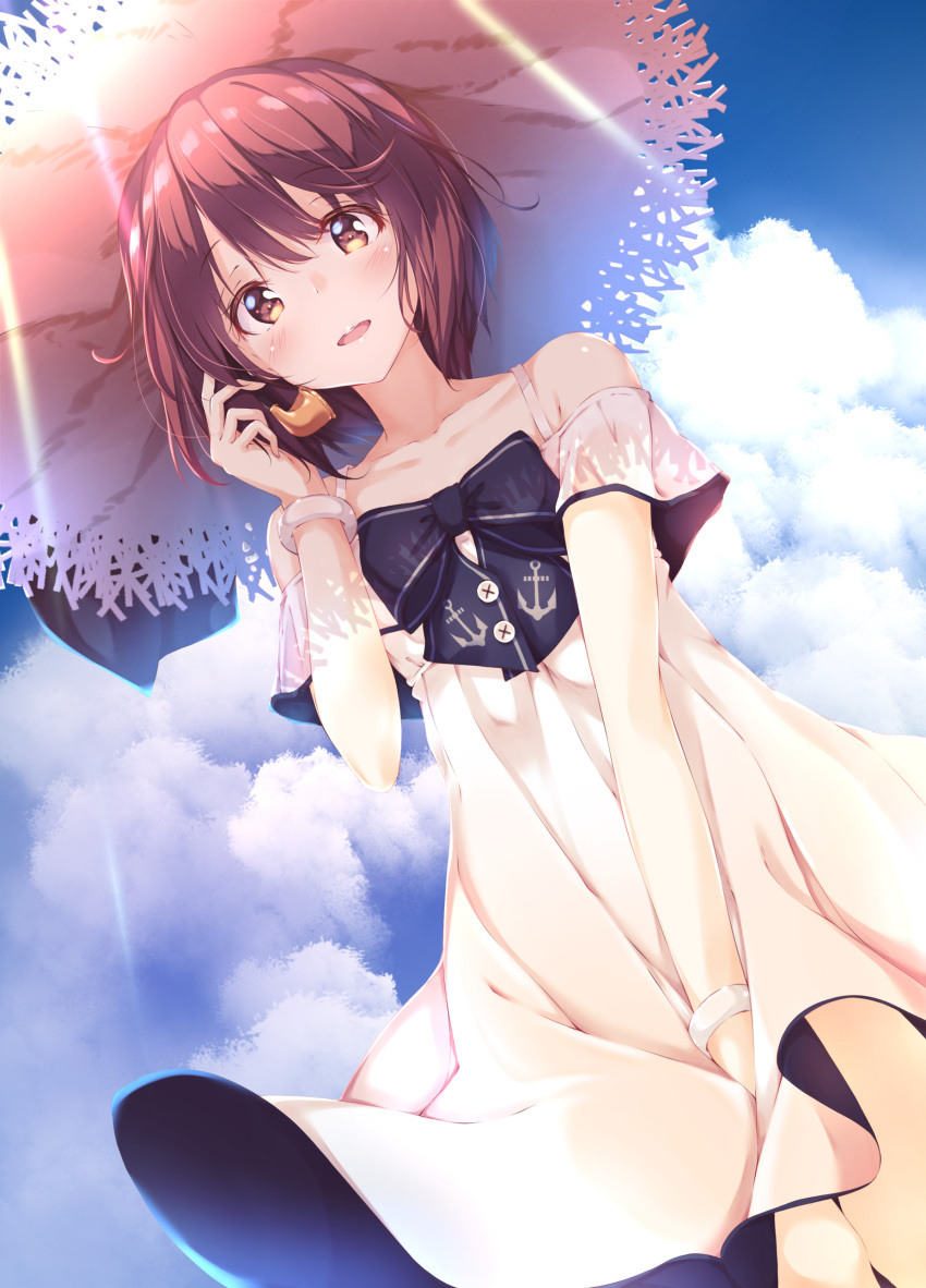 1girl absurdres bare_shoulders blue_neckwear blue_ribbon blue_sky blush bracelet brown_eyes brown_hair cloud cloudy_sky collarbone cowboy_shot day dress eyebrows_visible_through_hair flat_chest from_above hair_between_eyes hand_on_headwear hat headset highres jewelry kantai_collection numpopo open_mouth outdoors ribbon short_hair sky smile solo spaghetti_strap speaking_tube_headset straw_hat sun_hat sundress sunlight teeth white_dress yukikaze_(kantai_collection)