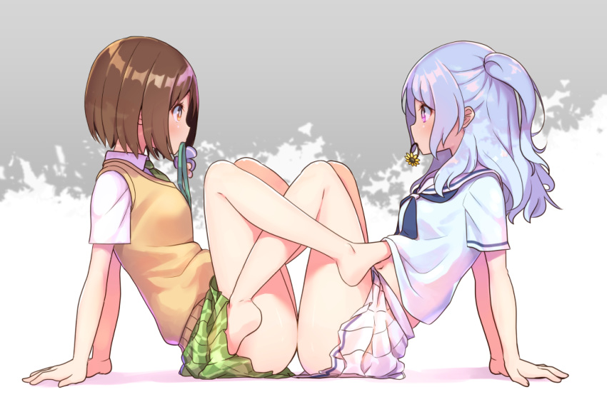 2girls arm_support bang_dream! bare_legs barefoot blue_hair blue_neckwear brown_eyes brown_hair collared_shirt commentary_request from_side full_body green_skirt hair_tie_in_mouth hazawa_tsugumi hitotoshite_jiku_ga_bureteiru knees_up looking_at_another matsubara_kanon medium_hair mouth_hold multiple_girls navel parody pleated_skirt sailor_collar sayonara_zetsubou_sensei school_uniform serafuku shipii_(jigglypuff) shirt short_sleeves side_ponytail sidelocks simple_background sitting skirt thighs vest white_shirt white_skirt yuri