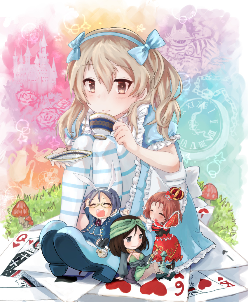 4girls :d absurdres alice_(wonderland) alice_(wonderland)_(cosplay) alice_in_wonderland animal_ears apron arms_up azumi_(girls_und_panzer) bandana bangs black_hair blue_dress blue_eyes blue_footwear blue_jacket blue_legwear blue_ribbon blue_shorts blue_vest blush brown_eyes brown_hair bunny_ears card caterpillar_(wonderland) caterpillar_(wonderland)_(cosplay) closed_eyes closed_mouth cosplay crossed_legs crown cup dress fake_animal_ears frilled_apron frilled_dress frills girls_und_panzer glasses green_dress green_headwear grey_hair hair_ribbon highres holding holding_cup holding_saucer hug jacket light_brown_hair long_hair long_sleeves mary_janes megumi_(girls_und_panzer) mini_crown minigirl multiple_girls namesake one_side_up open_mouth playing_card queen_of_hearts queen_of_hearts_(cosplay) red_dress red_headwear ribbon rumi_(girls_und_panzer) saucer senta_(ysk_0218) shimada_arisu shoes short_dress shorts sitting smile standing striped striped_legwear swept_bangs teacup thighhighs vest white_apron white_rabbit white_rabbit_(cosplay) yellow-framed_eyewear