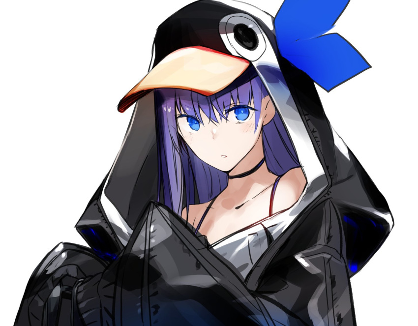 1girl animal_costume bare_shoulders blue_eyes choker collarbone fate/extra fate/extra_ccc fate/grand_order fate_(series) hair_ribbon hood hood_up hoodie long_hair meltryllis nishiide_kengorou parted_lips penguin_costume purple_hair ribbon simple_background sleeves_past_wrists solo white_background