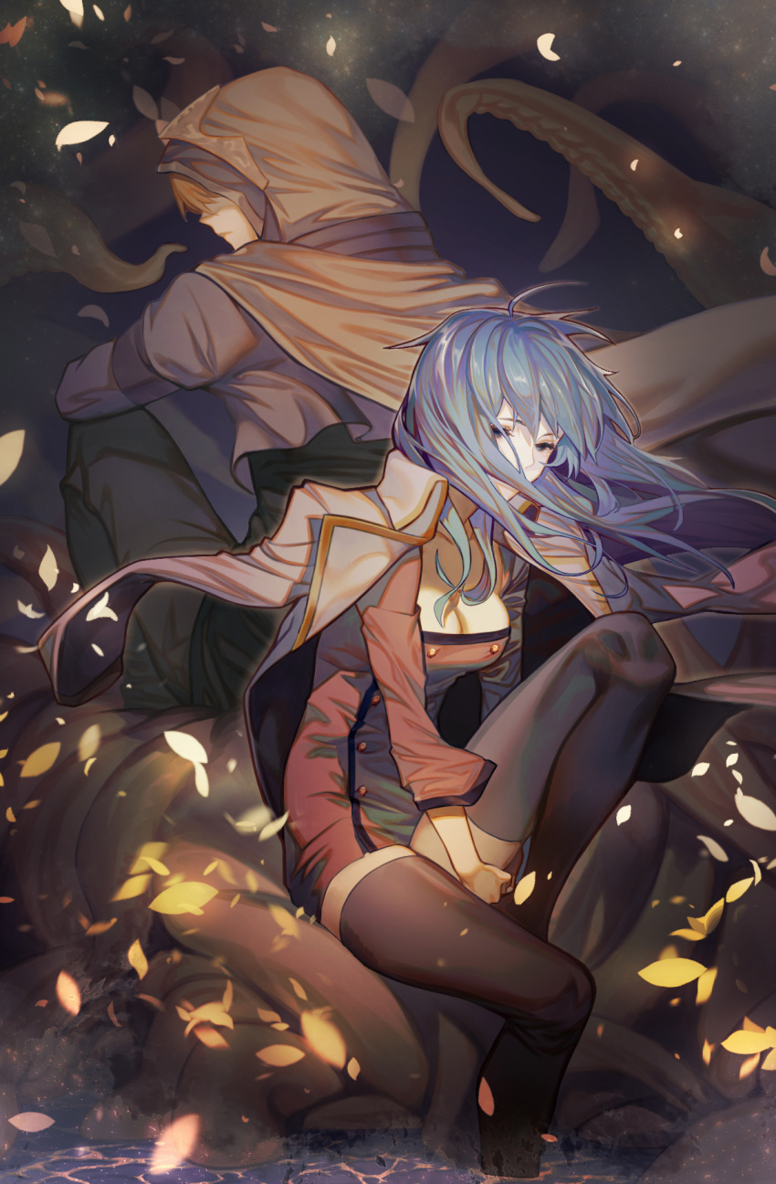 1boy 1girl ahoge bangs black_legwear blonde_hair blue_hair breasts check_copyright cleavage clothing_request commentary cthulhu_mythos english_commentary gyudong123 half-closed_eyes hastur highres hood hood_up jacket large_breasts long_hair original short_hair sitting tentacles thighhighs white_jacket