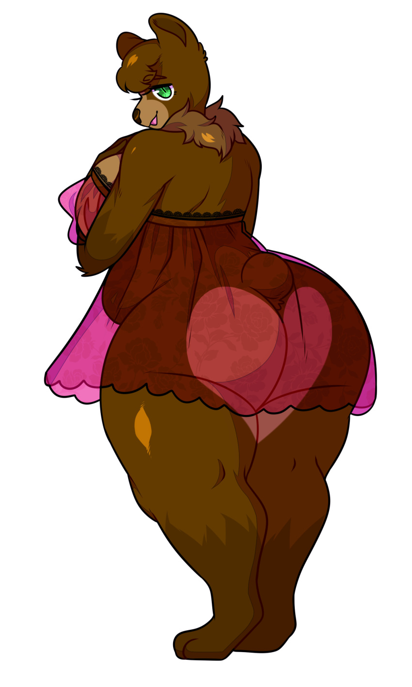 absurd_res big_butt brown_bear butt butt_heart clothing female grizzly_bear hi_res karleen looking_at_viewer mammal satanickpaws slightly_chubby solo thick_thighs translucent translucent_clothing ursid ursine