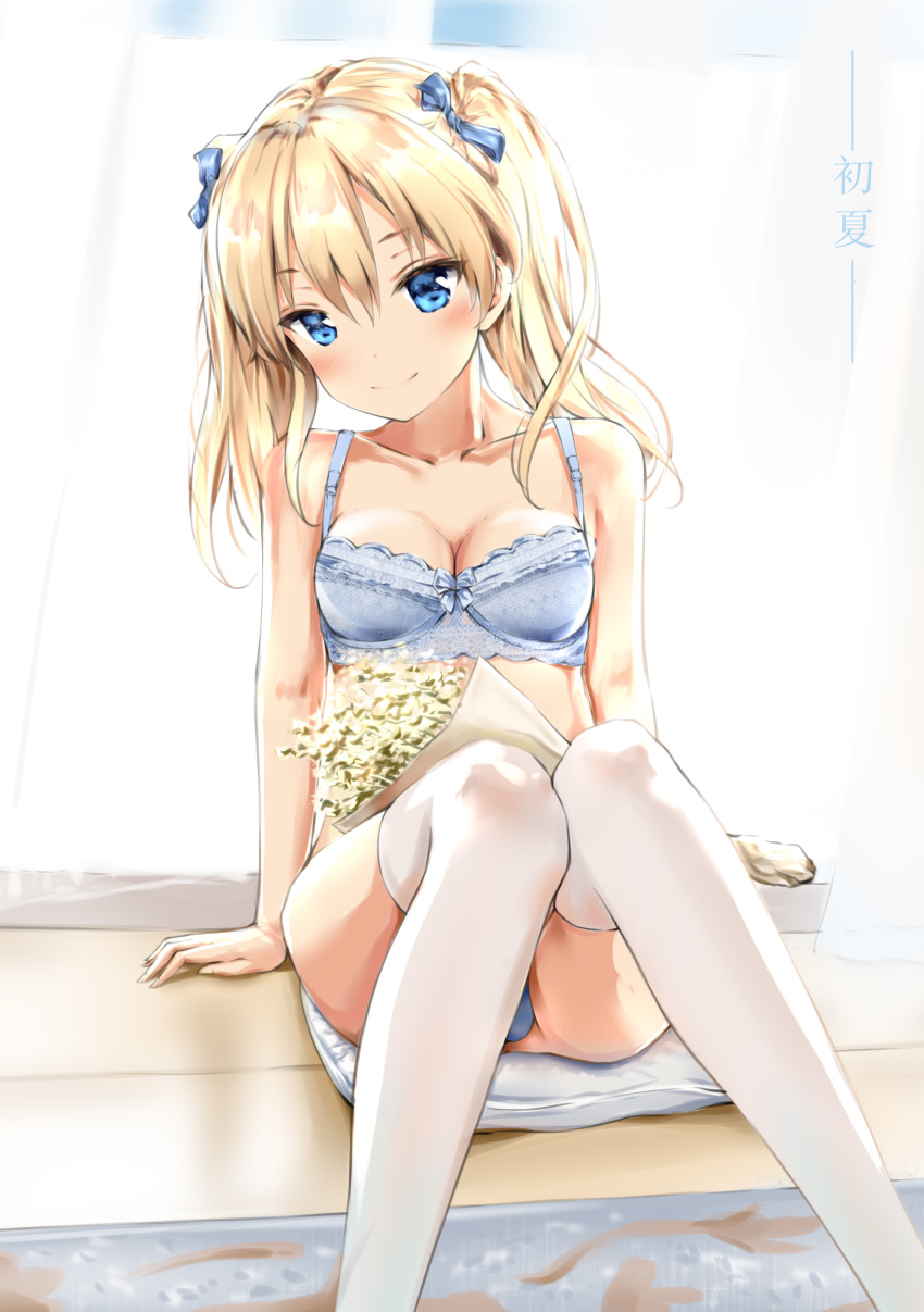 absurdres blonde_hair blue_eyes blush bouquet bra breasts flower hair_ribbon highres knees_together knees_together_feet_apart lingerie medium_breasts original panties ribbon shoulder_blades sitting sitting_on_pillow smile thighhighs twintails underwear user_voo4284 white_legwear