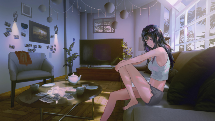 1girl aqua_shirt armchair armpits bangs bare_arms bare_legs bare_shoulders barefoot black_hair black_shorts breasts chair commentary couch crop_top cup denki english_commentary english_text expressionless flat_screen_tv grey_shorts indoors knee_up lamp long_hair looking_at_viewer looking_to_the_side medium_breasts midriff on_couch original photo_(object) picture_frame pillow plant potted_plant red_eyes saucer shirt short_shorts shorts sitting sleeveless sleeveless_shirt solo table tank_top teacup teapot television thighs window