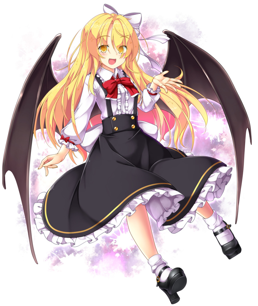 1girl :d aka_tawashi bangs black_footwear black_skirt blonde_hair blush bow bowtie center_frills commentary_request demon_wings dress eyebrows_visible_through_hair fang frilled_shirt_collar frilled_sleeves frills full_body hair_between_eyes hair_bow hand_up high_heels highres kurumi_(touhou) legs long_hair long_sleeves looking_at_viewer mary_janes open_mouth petticoat red_bow red_neckwear ribbon shoes skirt smile socks solo suspender_skirt suspenders tooth touhou touhou_(pc-98) vampire white_background white_bow white_legwear wings yellow_eyes