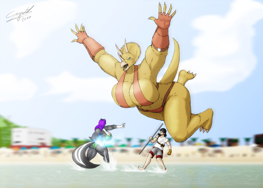 alyssa_moffettis beach big_breasts breasts ceratopsian cleavage clothed clothing dinosaur female hi_res jackie_(sergiroth) larger_female male mammal mephitid reptile scalie seaside sergiroth size_difference skunk smaller_female smaller_male triceratops