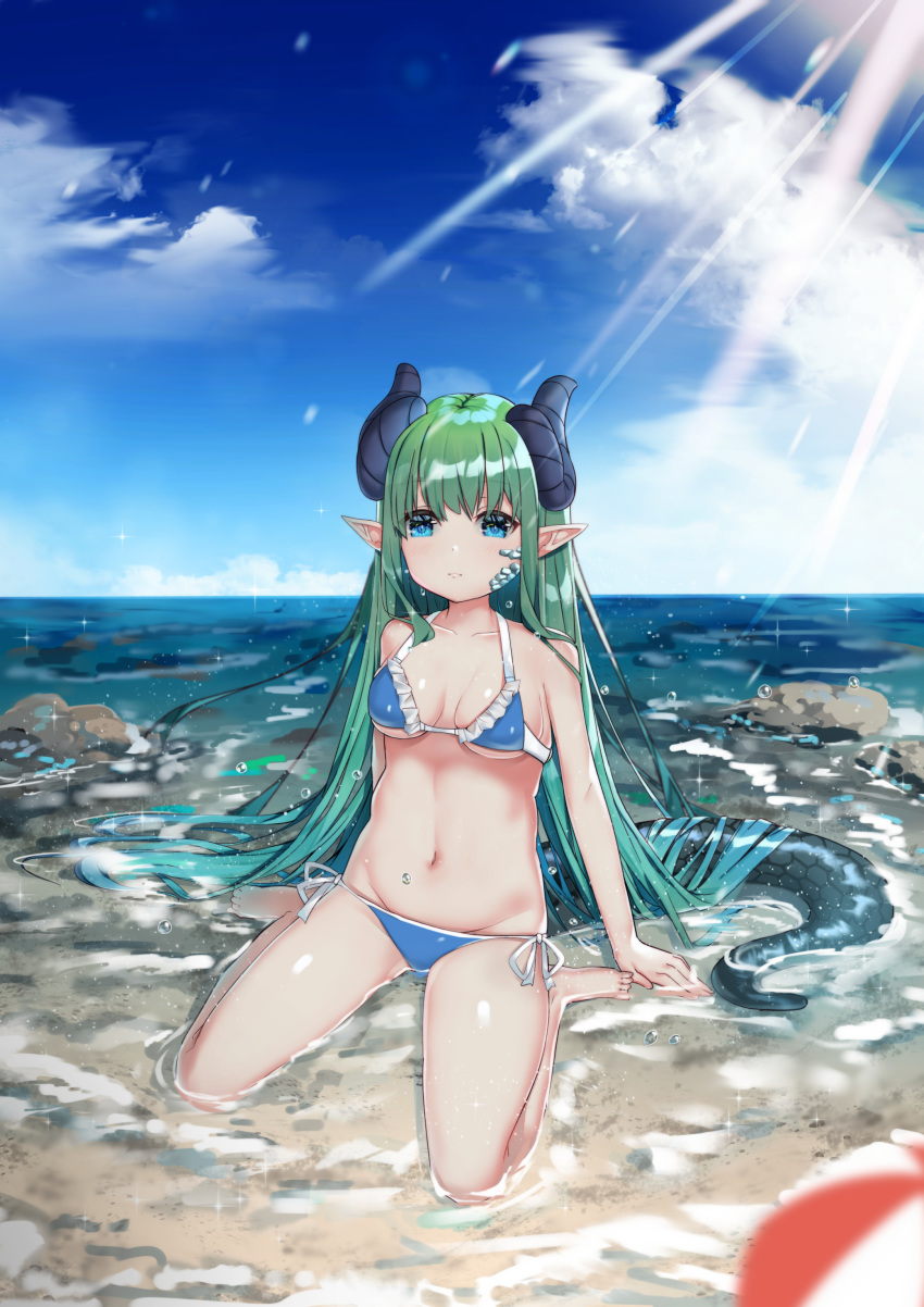 2019 absurd_res animal_humanoid bikini blue_eyes breasts clothing cloud dragon dragon_humanoid female green_hair hair hi_res horn humanoid humanoid_pointy_ears lux_(artist) navel outside partially_submerged sea seaside sitting sky solo swimwear wariza water