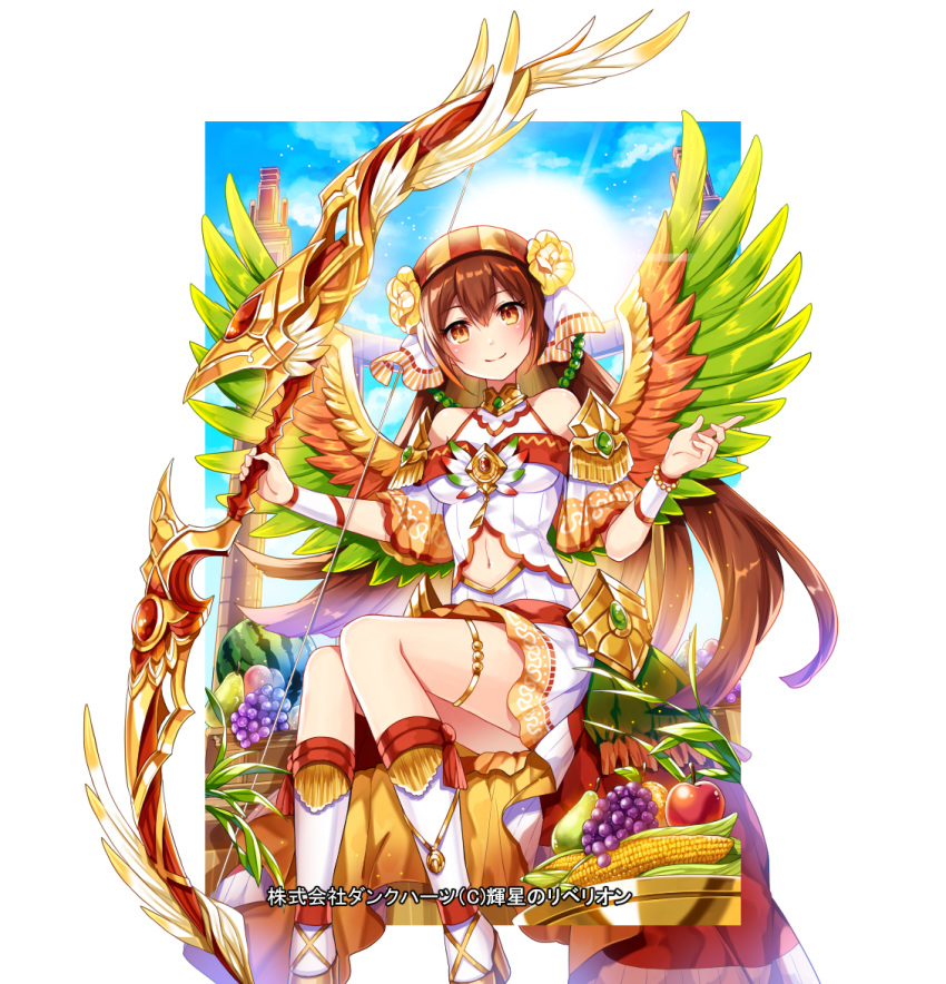 1girl bangs blue_sky blush bow_(weapon) brown_eyes brown_hair center_opening dress eyebrows_visible_through_hair halterneck hip_armor hoshi_no_rebellion long_hair looking_at_viewer navel official_art ririkuto sitting sky smile solo thighlet weapon wings wrist_cuffs