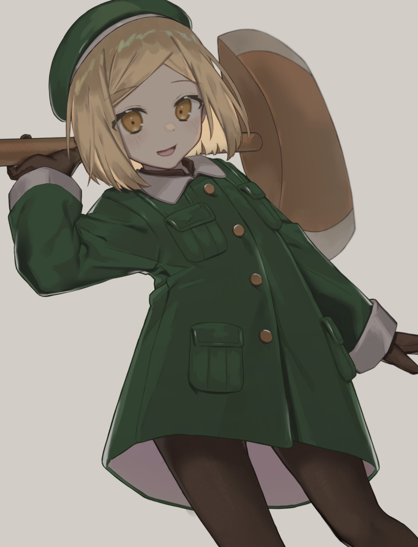 1girl axe bangs beige_background beret black_legwear blonde_hair blush brown_gloves commentary_request eyebrows_visible_through_hair fate/grand_order fate_(series) gloves green_headwear green_jacket hat highres holding holding_axe jacket long_sleeves looking_at_viewer open_mouth pantyhose parted_bangs paul_bunyan_(fate/grand_order) short_hair simple_background smile solo tadaomi_(amomom) yellow_eyes