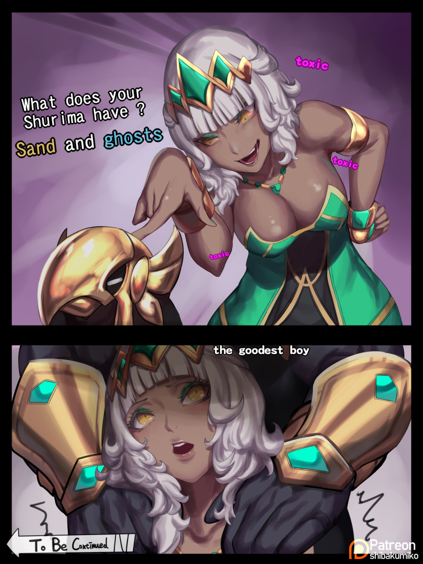 2019 anubian_jackal armlet azir_(lol) bangs blunt_bangs bracelet breasts canid canine canis clothing colored_nails comic crown dark_skin directional_arrow dress english_text eyeliner female gesture green_clothing green_dress hair hi_res human humanoid jackal jewelry jojo's_bizarre_adventure kumiko_(aleron) league_of_legends makeup male mammal meme nails nasus_(lol) necklace patreon pointing qiyana_(lol) riot_games smug standing startled text tiara to_be_continued video_games white_hair yellow_eyes