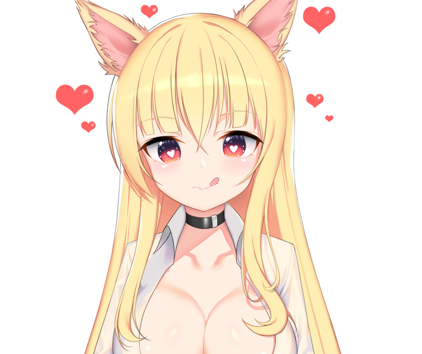 animal_ears blonde_hair breasts cleavage collar cropped foxgirl heart long_hair no_bra open_shirt original red_eyes shirt tttanggvl white