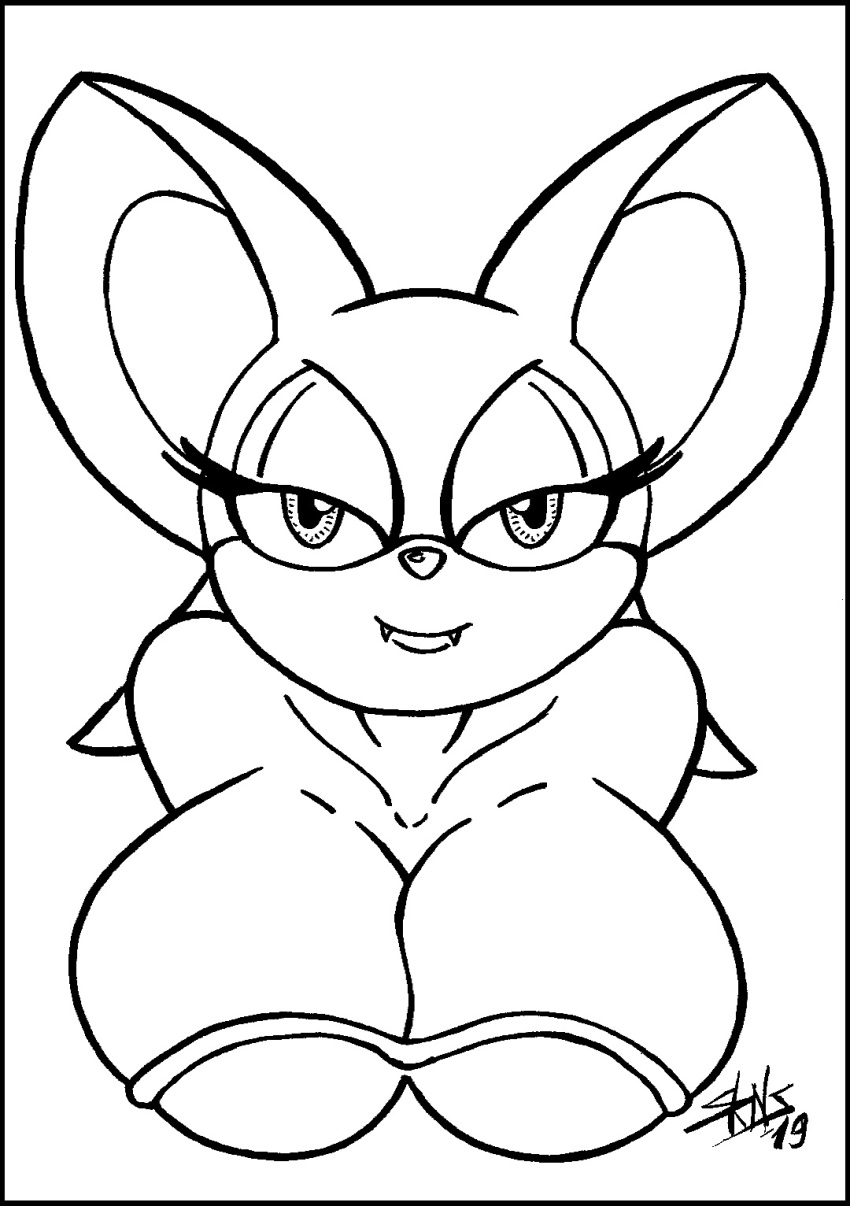 big_breasts big_ears breasts bust_portrait chiropteran eyelashes fangs hi_res line_art looking_at_viewer mammal portrait rouge_the_bat skianous sonic_(series)