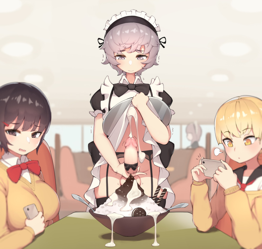 1girl 2boys apron black_bow black_legwear blonde_hair bow bowtie brown_eyes brown_hair ce-_-3 cellphone censored closed_mouth cum cum_on_food dress dress_lift ejaculation eyebrows_visible_through_hair garter_belt highres holding holding_phone indoors lifted_by_self long_sleeves looking_away maid maid_dress maid_headdress male_masturbation masturbation mosaic_censoring multiple_boys open_mouth original otoko_no_ko parted_lips penis phone puffy_short_sleeves puffy_sleeves red_bow shaved_ice short_hair short_sleeves smartphone testicles thighhighs white_apron yellow_eyes