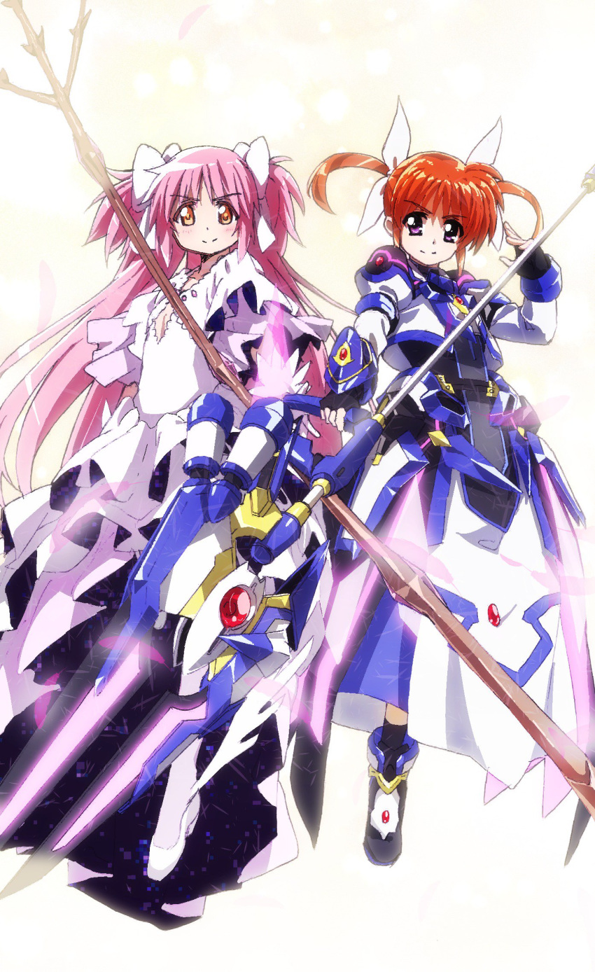 2girls ankle_boots armor armored_dress armored_skirt black_gloves black_legwear boots bow brown_hair bygddd5 closed_mouth crossover dress eyebrows_visible_through_hair fingerless_gloves floating gloves hair_bow hair_ribbon highres holding holding_staff holding_weapon jacket juliet_sleeves kaname_madoka layered_dress long_dress long_hair long_sleeves looking_at_viewer magical_girl mahou_shoujo_lyrical_nanoha_detonation mahou_shoujo_madoka_magica multiple_girls orange_eyes overskirt pink_hair puffy_sleeves purple_eyes raising_heart ribbon shoes short_hair short_twintails side-by-side smile socks staff takamachi_nanoha twintails two_side_up ultimate_madoka very_long_hair weapon white_bow white_dress white_footwear white_jacket white_ribbon