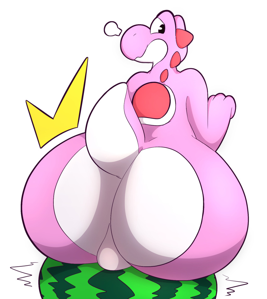 alpha_channel anthro backsack balls big_butt butt emanata food fruit hi_res huge_butt lightningfire12 looking_back male mario_bros melon nintendo pink_body pink_yoshi plant scalie simple_background solo transparent_background video_games yoshi