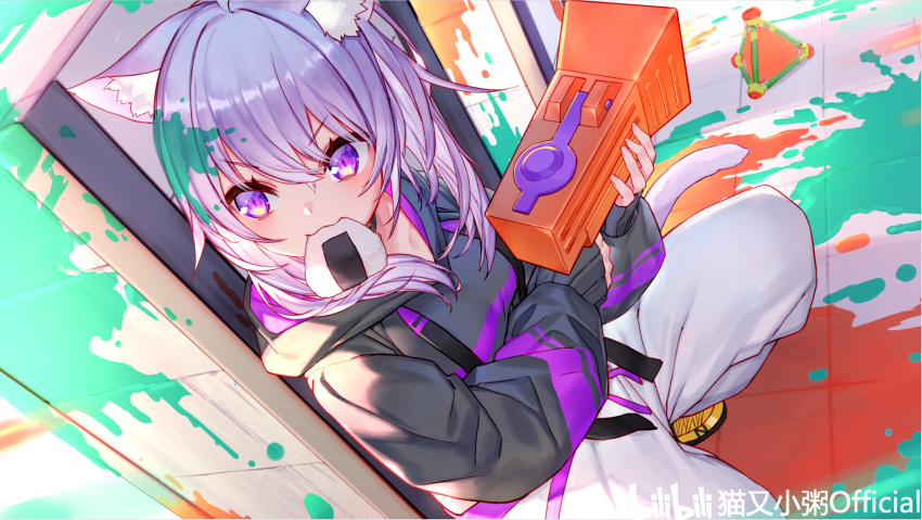 animal_ears bili_bili_douga cat_smile catgirl food gun hololive hoodie izumi_sai logo nekomata_okayu purple_eyes purple_hair short_hair splatoon waifu2x weapon