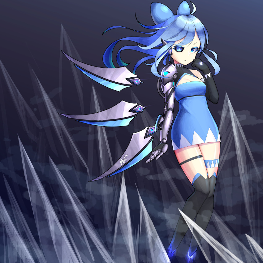 1girl absurdres ahoge alternate_hair_length alternate_hairstyle black_sclera blue_eyes blue_hair cirno cybernetic_eye cyborg dress elbow_gloves eyebrows_visible_through_hair full_body gloves gozas99 hair_ribbon highres huge_filesize ice long_hair looking_at_viewer mechanical_ears mechanical_wings mismatched_sclera no_feet over-kneehighs prosthesis prosthetic_arm ribbon solo thigh_strap thighhighs touhou wings