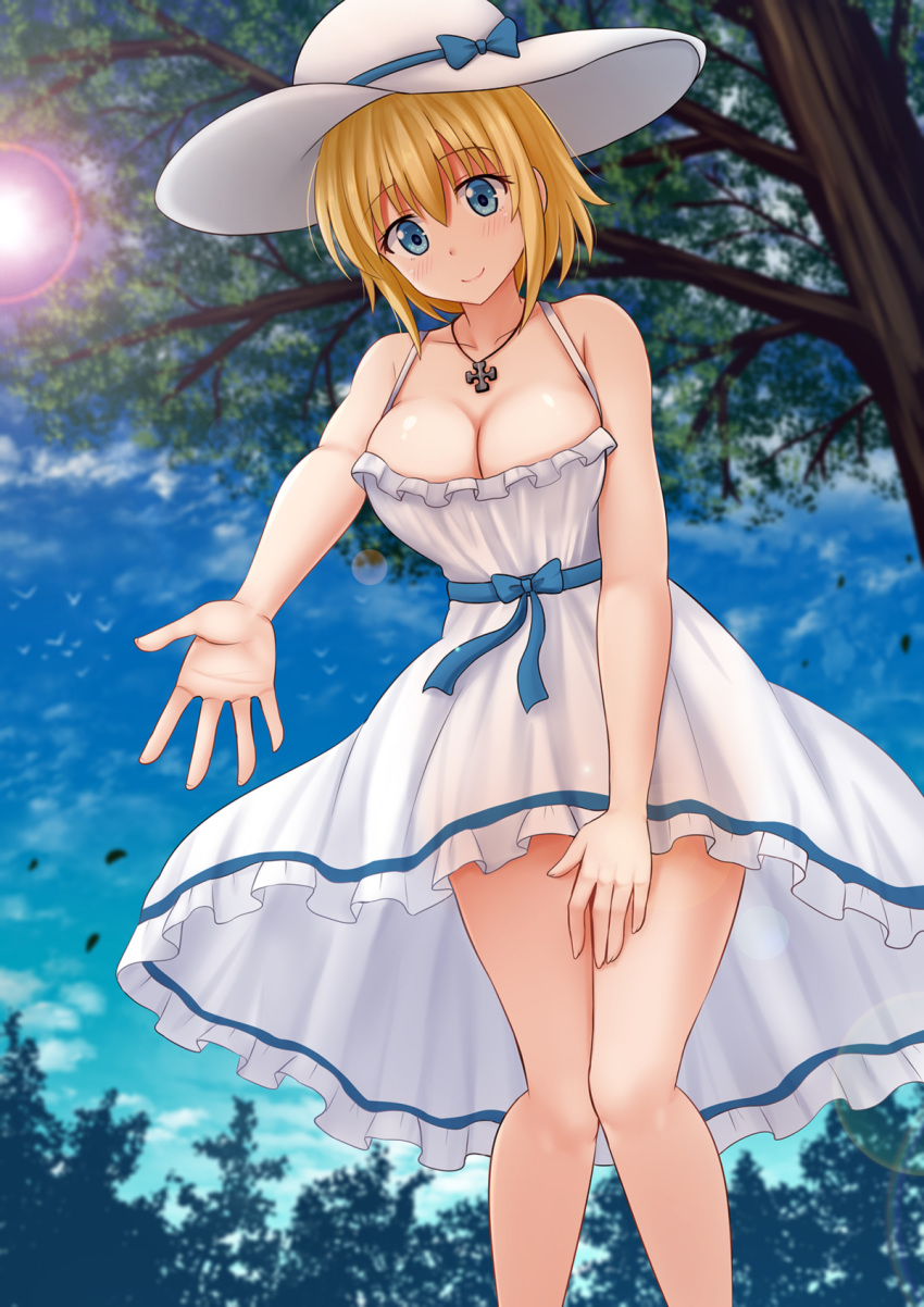 1girl bangs bare_arms bare_shoulders blonde_hair blue_bow blue_eyes blue_sky blurry blurry_background blush bow breasts cleavage closed_mouth cloud collarbone commentary day depth_of_field dress en'en_no_shouboutai english_commentary eyebrows_visible_through_hair fingernails frilled_dress frills hair_between_eyes hand_on_own_thigh hat hat_bow highres iris_(en'en_no_shoubotai) jewelry kazenokaze large_breasts leaning_forward necklace outdoors short_hair sky sleeveless sleeveless_dress smile solo sun_hat tree white_dress white_headwear