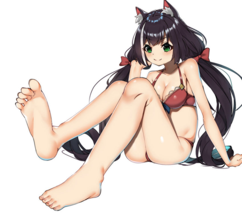 2019 animal_humanoid barefoot black_hair bra breasts cat_humanoid cleavage clothed clothing feet felid felid_humanoid feline feline_humanoid female green_eyes hair hi_res humanoid lux_(artist) mammal mammal_humanoid panties pigtails smile solo underwear