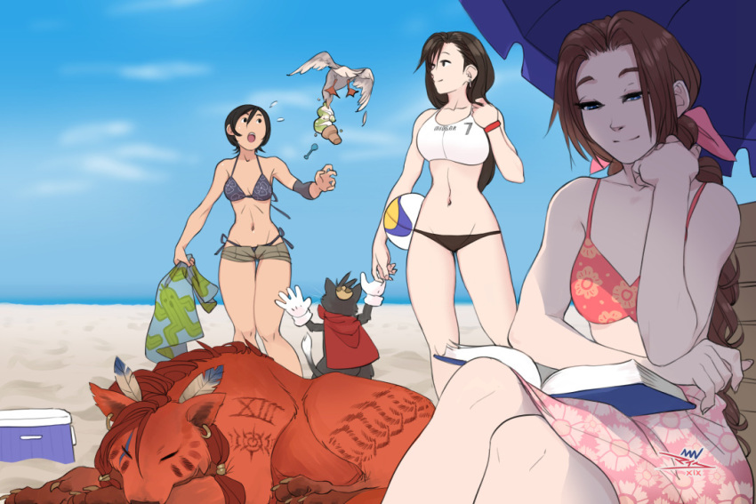 2others 3girls aerith_gainsborough beach bikini bird black_hair blue_bikini blue_eyes blue_sky book braid breasts brown_hair cait_sith cat final_fantasy final_fantasy_vii floral_print ice_cream_cone long_braid long_hair low-tied_long_hair lowleg lowleg_bikini medium_breasts mike_nesbitt multiple_girls multiple_others navel open_book reading red_xiii sabotender sarong short_hair short_shorts shorts side-tie_bikini single_braid sitting sky sleeping small_breasts standing summer swimsuit tan tankini tifa_lockhart volleyball wristband yuffie_kisaragi